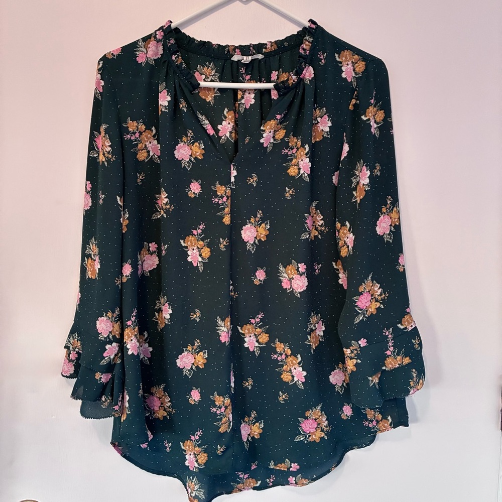 Maurices Dark Green Floral Peasant Style Blouse